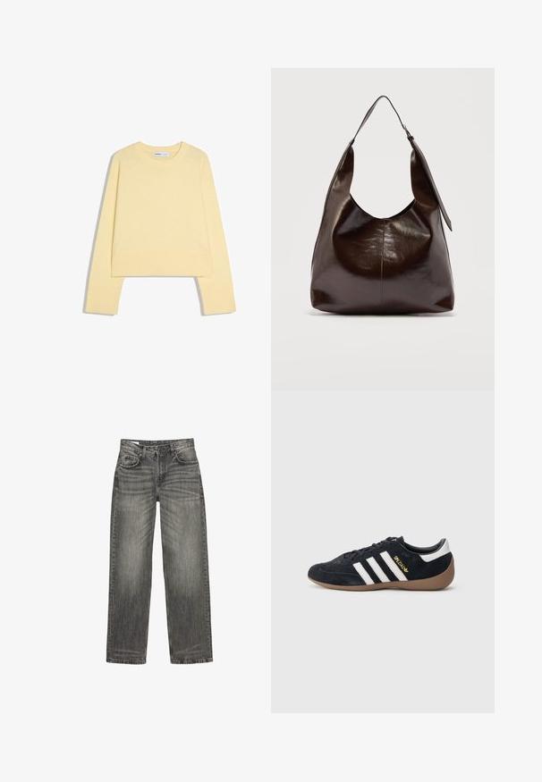 Lichtgele, lange mouwen, gebreide trui met geribde boorden en zoom, ronde halslijn en een gewone pasvorm.; Grijze denim jeans met een relaxte pasvorm, voorzien van vijf zakken, subtiele vervaging en een rechte pijpdesign. Classic tailleband met riemlussen.; Zwarte suède sneaker met drie witte strepen, een rubberen gumzool en een klein gouden logo aan de zijkant. Heeft een gladde zwarte binnenvoering.; Donkerbruine glanzende leren schoudertas met een enkele brede riem en gespsdetail aan één kant, tegen een effen lichte achtergrond.