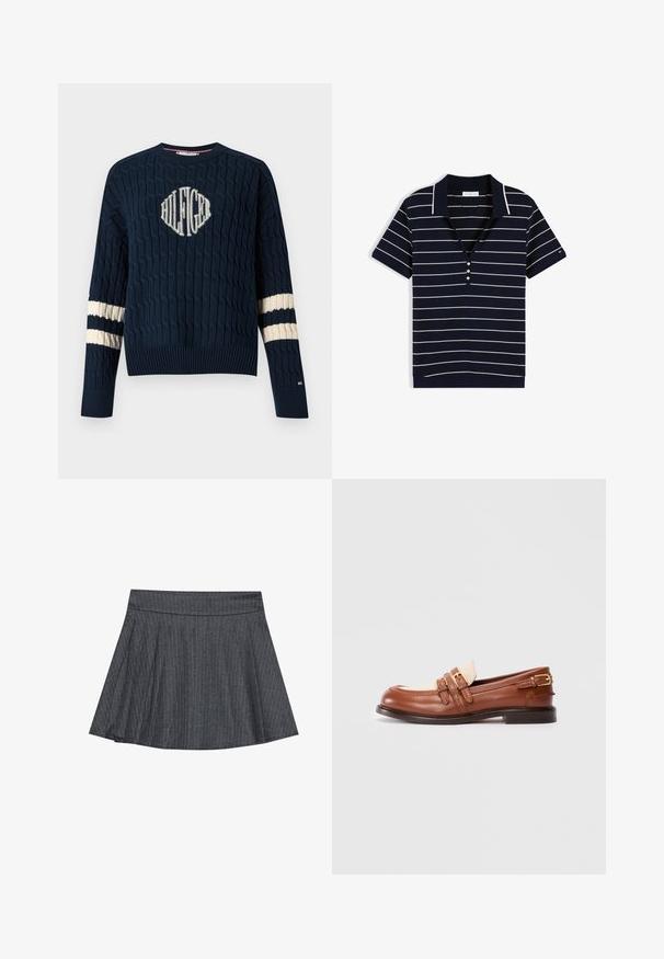 Mørkeblå strikket sweater med kabelmønster, der har et hvidt broderet logo ved brystet og cremefarvede striber på ærmerne.; Marineblå kortærmet poloshirt med hvide vandrette striber, tre hvide knapper og krave med hvid kant.; Grå stribede skater nederdel med en tætsiddende talje, udformet i A-linje og en blød stofstruktur. Lodrette linjer øger den visuelle interesse.; Brun læder loafersko med beige stof for og to guldspænder, flad sål og lav hæl på hvid baggrund.