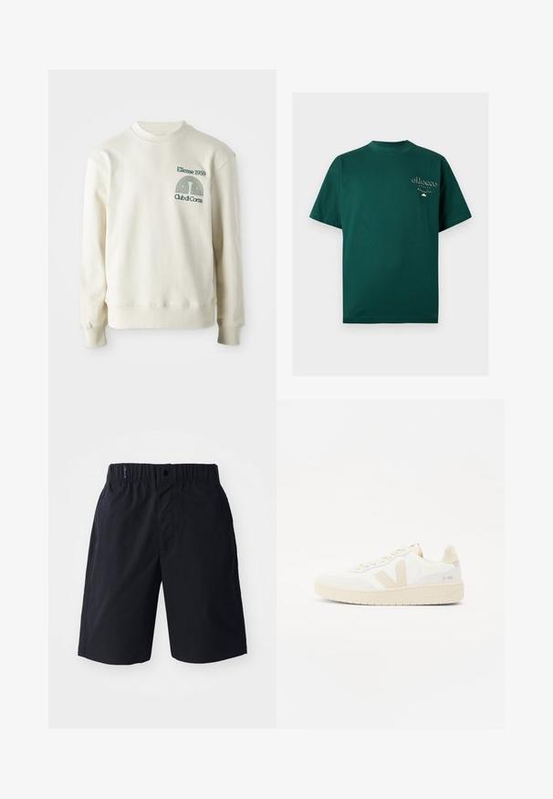 Crème-kleurige sweatshirt met geribbelde kraag en manchetten; voorzien van groene geborduurde logo "Ellesse 1959" met ontwerpelementen op de borst.; Donkergroene T-shirt met korte mouwen en ronde hals, voorzien van een klein wit "ellesse Italia" logo en ontwerp op de linkerborst.; Zwarte shorts van lichtgewicht stof, met een rechte voorkant, een elastische tailleband en zijzakken. Eenvoudig ontwerp zonder patronen.; Witte sneaker met beige accenten, voorzien van een gestructureerde bovenkant, ronde neus en een dikke rubberen zool. Het ontwerp bevat het iconische V-logo en merkbranding.