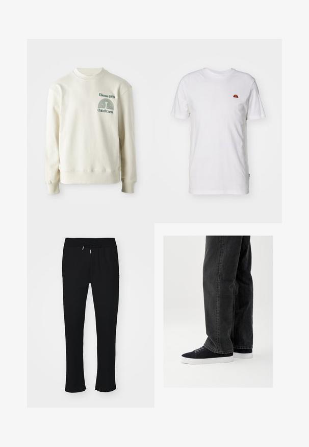 Cremfarbener Pullover mit geripptem Kragen und Bündchen; verfügt über ein grünes gesticktes Logo "Ellesse 1959" mit Designelementen auf der Brust.; Weißes Baumwoll-T-Shirt mit kurzen Ärmeln und Rundhalsausschnitt. Verfügt über ein kleines, farbenfrohes Logo auf der linken Brustseite. Weicher Stoff.; Schwarze Jogginghose aus weichem Stoff, mit elastischem Taillenbund und Kordelzug, Schlitz am Saum und subtiler Mustergestaltung.; Schwarze Jeans aus Denim mit lockerem Schnitt, kombiniert mit marineblauen Wildleder-Sneakern mit weißen Gummisohlen und schwarzen Schnürsenkeln. Einfaches und modernes Design.