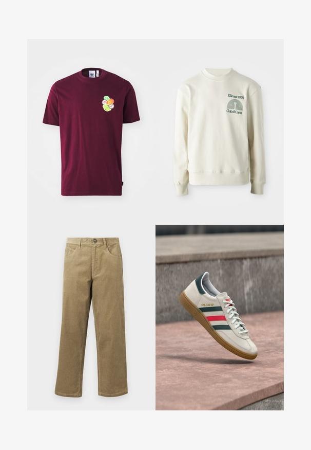Crème-kleurige sweatshirt met geribbelde kraag en manchetten; voorzien van groene geborduurde logo "Ellesse 1959" met ontwerpelementen op de borst.; Bordeaux katoen T-shirt met korte mouwen en een ronde hals. Voorzien van een geborduurd ontwerp op de linkerkant van de borst, inclusief kleurrijke cirkelvormige patronen.; Lichtbruine corduroy broek met een recht model, vijf zakken en een knoopsluiting. Gelaagd stof met subtiele ribbels.; Witte Adidas sneaker met groene en rode strepen, rubberen zool en "SPEZIAL" branding die boven een stenen bestrating zweeft.