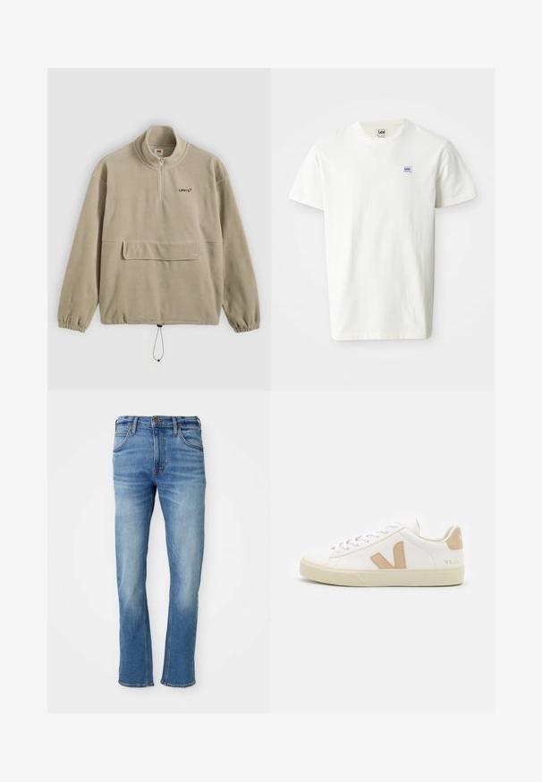 Sudadera beige de forro polar con cuello con media cremallera, bolsillo delantero, puños elásticos y bajo ajustable con cordón. Presenta un logotipo de marca en negro.; Camiseta de algodón blanca con cuello redondo y mangas cortas. Presenta un pequeño logotipo rectangular en púrpura y azul de Lee en el lado izquierdo del pecho.; Jeans de mezclilla de color azul claro con corte recto, que presentan un diseño clásico de cinco bolsillos, un sutil desgaste en la tela y detalles de costura en contraste.; Zapatillas blancas con acentos beige, material de cuero liso, punta redonda, suela de goma plana y cordones en la parte delantera con un logotipo en el talón.