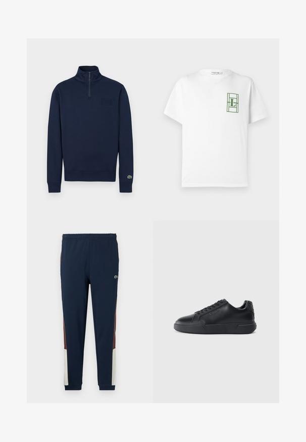 Marineblauwe quarter-zip sweater met hoge kraag, geribbelde manchetten, klein geperst logo op de borst en groen krokodillenlogo op de linker mouwmanchet.; Wit katoenen T-shirt met korte mouwen, met een groen geborduurd logo in een rechthoekig ontwerp op het linkerborstgebied.; Marineblauwe trainingsbroek gemaakt van zacht materiaal, met bruine en crèmekleurige zijpanelen, een elastische tailleband en een klein logo op de voorkant.; Zwarte sneakers met een glad leren bovenwerk, ronde neus, vetersluiting, textuurdetail op de hiel en een dikke rubberen zool.