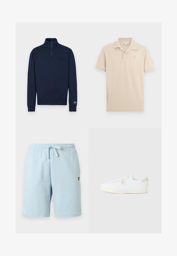 Sweat-shirt marine à demi-fermeture éclair avec col montant, poignets côtelés, petit logo embossé sur la poitrine et logo crocodile vert sur le poignet de la manche gauche.; Polo beige à manches courtes avec patte à deux boutons, col et petit logo "ck" brodé sur la poitrine gauche.; Shorts décontractés bleu clair avec taille élastique et cordon de serrage, dotés d'un petit logo brodé jaune et noir sur le côté droit.; Basket en cuir blanc avec des accents en daim beige, tige texturée, semelle ronde en caoutchouc et branding subtil. Design minimaliste avec fermeture à lacets.