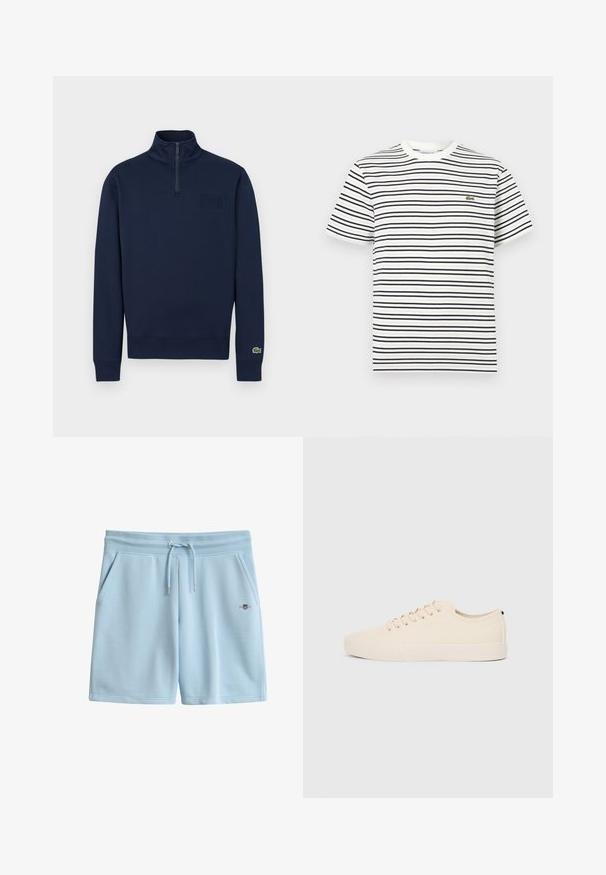 Sweat-shirt marine à demi-fermeture éclair avec col montant, poignets côtelés, petit logo embossé sur la poitrine et logo crocodile vert sur le poignet de la manche gauche.; T-shirt blanc à manches courtes avec des rayures horizontales noires et un petit logo de crocodile vert sur le côté gauche de la poitrine.; Short en coton bleu clair avec taille côtelée, cordon ajustable, poches latérales et petit logo brodé sur le devant droit.; Baskets en toile beige avec bout arrondi, semelle en caoutchouc plate et lacets à l'avant. Présente un design minimaliste et un accent noir contrastant au niveau du talon.