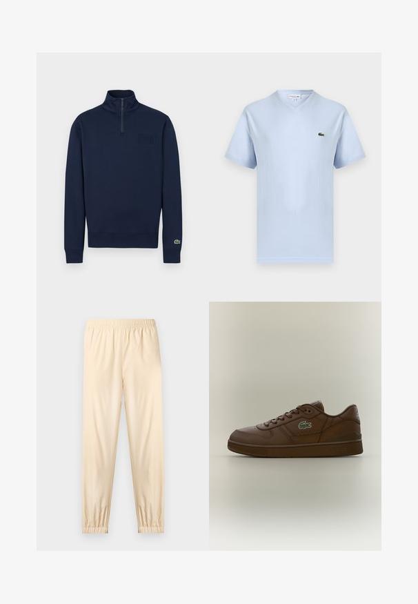 Sweat-shirt marine à demi-fermeture éclair avec col montant, poignets côtelés, petit logo embossé sur la poitrine et logo crocodile vert sur le poignet de la manche gauche.; T-shirt bleu clair à col en V et manches courtes avec petit logo crocodile vert Lacoste sur le côté gauche de la poitrine.; Pantalon beige clair à taille élastique avec poignets froncés, coupe droite et tissu lisse, présenté sur un fond clair uni.; Baskets basses en cuir marron avec un design à lacets et un logo crocodile vert sur le côté, présentées sur un fond neutre uni.