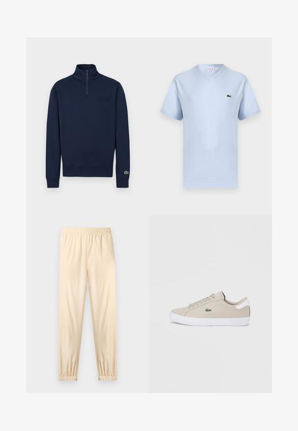 Sweat-shirt marine à demi-fermeture éclair avec col montant, poignets côtelés, petit logo embossé sur la poitrine et logo crocodile vert sur le poignet de la manche gauche.; T-shirt bleu clair à col en V et manches courtes avec petit logo crocodile vert Lacoste sur le côté gauche de la poitrine.; Pantalon beige clair à taille élastique avec poignets froncés, coupe droite et tissu lisse, présenté sur un fond clair uni.; Baskets synthétiques beiges à bout rond, semelle en caoutchouc blanche, et design à lacets. Dotées d'un logo Lacoste vert sur le côté et d'un accent de talon contrastant.