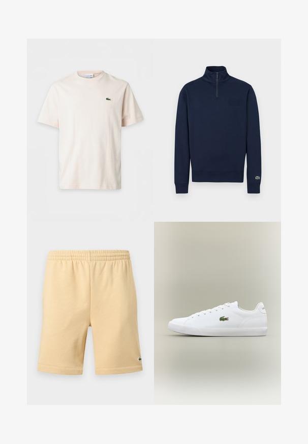 Sweat-shirt marine à demi-fermeture éclair avec col montant, poignets côtelés, petit logo embossé sur la poitrine et logo crocodile vert sur le poignet de la manche gauche.; T-shirt uni beige clair à manches courtes avec col rond et petit logo crocodile vert sur la poitrine gauche.; Shorts décontractés beige avec taille élastique et petit logo vert brodé en bas de la jambe droite.; Baskets blanches en cuir avec une semelle en caoutchouc texturé, arborant un logo crocodile brodé vert sur le côté et un branding minimal.