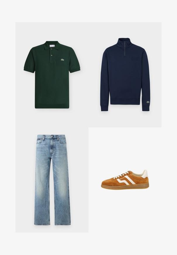 Sweat-shirt marine à demi-fermeture éclair avec col montant, poignets côtelés, petit logo embossé sur la poitrine et logo crocodile vert sur le poignet de la manche gauche.; Polo Lacoste manches courtes vert foncé avec col, deux boutons et petit logo crocodile brodé sur la poitrine gauche.; Jean droit en denim bleu clair avec taille haute, cinq poches, fermeture à boutons et léger délavage sur les cuisses et les genoux.; Baskets en suède marron avec des accents en cuir blanc, présentant un profil bas, un bout rond et des rayures contrastantes sur le côté. Design à lacets.