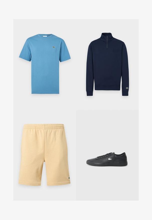 Sweat-shirt marine à demi-fermeture éclair avec col montant, poignets côtelés, petit logo embossé sur la poitrine et logo crocodile vert sur le poignet de la manche gauche.; T-shirt bleu à manches courtes avec col rond et petit logo de crocodile vert sur le côté gauche de la poitrine, présenté sur fond blanc.; Shorts décontractés beige avec taille élastique et petit logo vert brodé en bas de la jambe droite.; Sneaker en cuir noir avec bout arrondi, semelle plate et logo blanc sur le côté. Présente des lacets noirs et une finition lisse et mate.