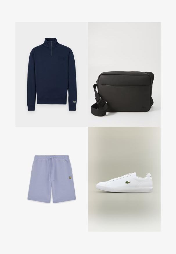 Sweat-shirt marine à demi-fermeture éclair avec col montant, poignets côtelés, petit logo embossé sur la poitrine et logo crocodile vert sur le poignet de la manche gauche.; Shorts décontractés violet clair avec taille élastique et cordon de serrage, comportant un petit logo brodé représentant un oiseau jaune et noir sur la jambe droite.; Baskets blanches en cuir avec une semelle en caoutchouc texturé, arborant un logo crocodile brodé vert sur le côté et un branding minimal.; Sac messager noir en tissu texturé, avec une fermeture zippée, une bandoulière réglable et un logo en relief sur le panneau avant.