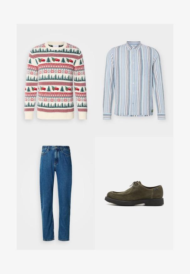 Strikket sweater med en cremet base, røde og grønne mønstre af træer, lastbiler og snefnug, med ribkanter ved ærmerne og kanten.; Langærmet skjorte med knapper, med lodrette striber i blå, hvid, grå og lys turkis, med krave og brystlomme.; Blå lige ben denim jeans med fem lommer og frontlukning med knap på en hvid baggrund.; Mørkegrønne ruskindsko med en glat tekstur, der har en afrundet tå, syninger og en sort gummisål.