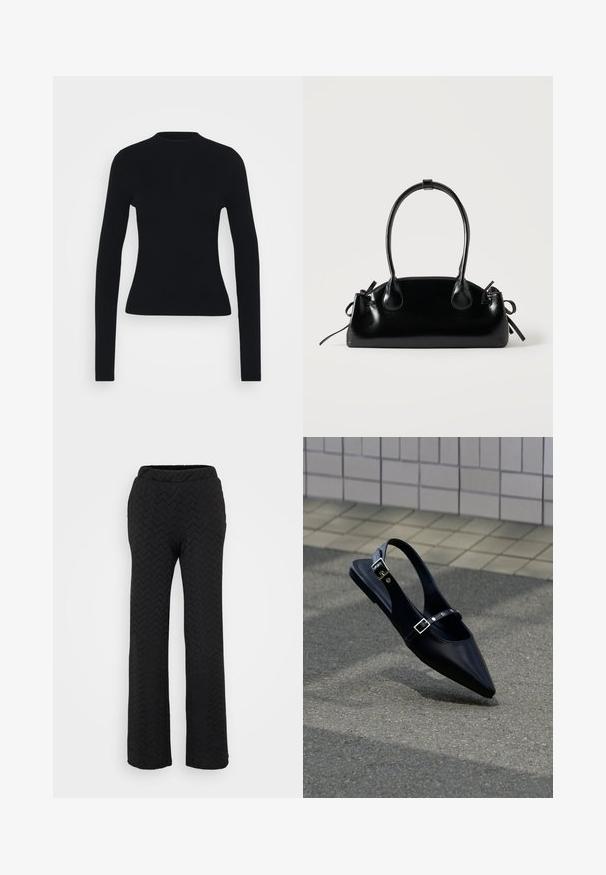 Top negro de manga larga acanalado con una silueta ajustada, cuello alto y textura suave, que presenta mangas estrechas y sin herrajes visibles.; Pantalones de pierna ancha negros con un patrón zigzag texturizado, cinturilla elástica y tela ligera para mayor comodidad.; Zapato plano negro de punta puntiaguda con tiras de doble hebilla y talón descubierto, descansando sobre asfalto gris cerca de una pared con azulejos.; Pequeño bolso negro brillante con dos asas largas y detalles de cordón lateral sobre un fondo claro liso.