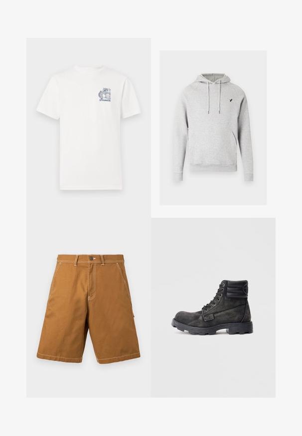 Grå ribstrikket hættetrøje med justerbare snore, sidelommer og et lille sort logo på brystet. Blødt, struktureret stof.; Hvid t-shirt med korte ærmer lavet af bomuld, med et blåt grafisk motiv på brystet af en vaskebjørn ved siden af en skraldespand og teksten "STANCE."; Brune knælange shorts med forlommer, bæltestropper, knaplukning og synlig hvid syning på en lys baggrund.; Sorte og grå ankelstøvler lavet af tekstureret lærred med polstret krave, rund snude og robust gummisål. 6 metaløjer til snørebånd.