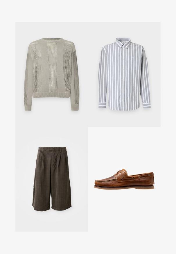 Jersey gris claro que presenta una combinación de patrones de malla sólida y texturizada, con cuello redondo y puños y dobladillo acanalados.; Camisa de hombre abotonada con rayas verticales en gris y blanco, mangas largas y un pequeño logo en el pecho. Tela de algodón, cuello clásico.; Pantalones cortos a rayas marrones con un corte holgado. Hechos de una tela ligera, presentan pliegues y dobladillo enrollado para un detalle adicional.; Zapato de barco de cuero marrón con acentos de costura, con ojales de metal, una costura elevada en la puntera y una suela de goma plana.