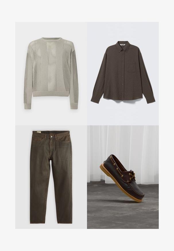 Lysegrå sweater med en blanding af ensfarvede og teksturerede mesh-mønstre, med rund halsudskæring og ribstrikkede manchetter og kant.; Brun ternet skjorte med knapper, langærmet, med en lomme foran og en løs pasform. Fremstillet af et blødt, struktureret stof.; Mørkegrønne denim jeans med lige skæring, udstyret med kobberstikninger, et klassisk fem-lomme design og en knap-gylp.; Mørkebrun læder bådsko med lysebrun sål og snøre detaljer, vinklet over en grå gulv med hvide gardiner i baggrunden.