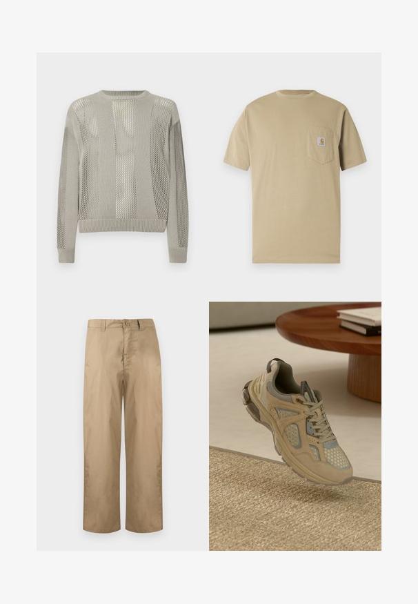 Lysegrå sweater med en blanding af ensfarvede og teksturerede mesh-mønstre, med rund halsudskæring og ribstrikkede manchetter og kant.; Beige t-shirt med korte ærmer lavet af bomuld, med en lomme på venstre bryst med en logo-patch. Klassisk rund halsudskæring med en almindelig pasform.; Beige bukser med lige ben, bæltestropper, knaplukning og lynlås, vist på en ensfarvet lys baggrund.; Beige og grå atletiske sneakers med mesh- og ruskindsdetaljer, svævende over et vævet tæppe ved siden af et trækaffebord med bøger.