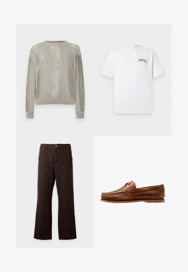 Lysegrå sweater med en blanding af ensfarvede og teksturerede mesh-mønstre, med rund halsudskæring og ribstrikkede manchetter og kant.; Hvid bomuld t-shirt med korte ærmer og rund halsudskæring. Har en grøn broderet "DICKIES"-logo på venstre brystområde.; Mørkebrune bukser med lige ben, forlommer, bæltestropper og synlige gyldne nitter på lommeområderne.; Brune læder bådsko med syede detaljer, der har metaløjer, en forhøjet søm på tåen og en flad gummisål.