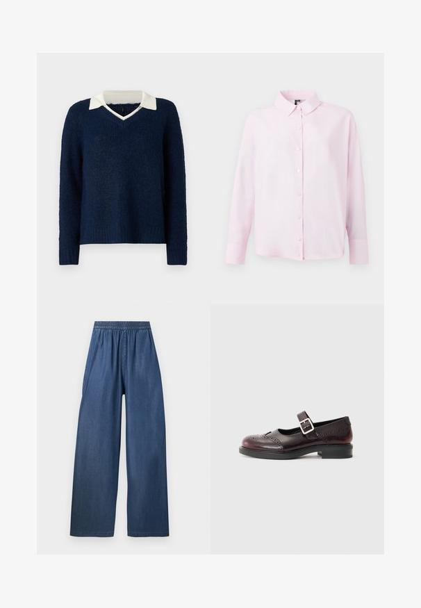 Marineblauwe trui met een textuurafwerking, V-hals en een contrasterende witte kraag. Heeft lange mouwen en een relaxte pasvorm.; Lichtroze langemouw shirt, knoopsluiting aan de voorkant, klassieke kraag, gemaakt van zachte stof, met een losse pasvorm en een gladde textuur.; Blauwe broek met wijde pijpen en elastische tailleband, relaxte pasvorm en zonder zichtbare zakken of versieringen, plat neergelegd op een witte achtergrond.; Mary Jane-stijl schoen in donker bordeaux gepatenteerd leer, met geperforeerde details en een gespsluiting. Lage blokhak, ronde neus.