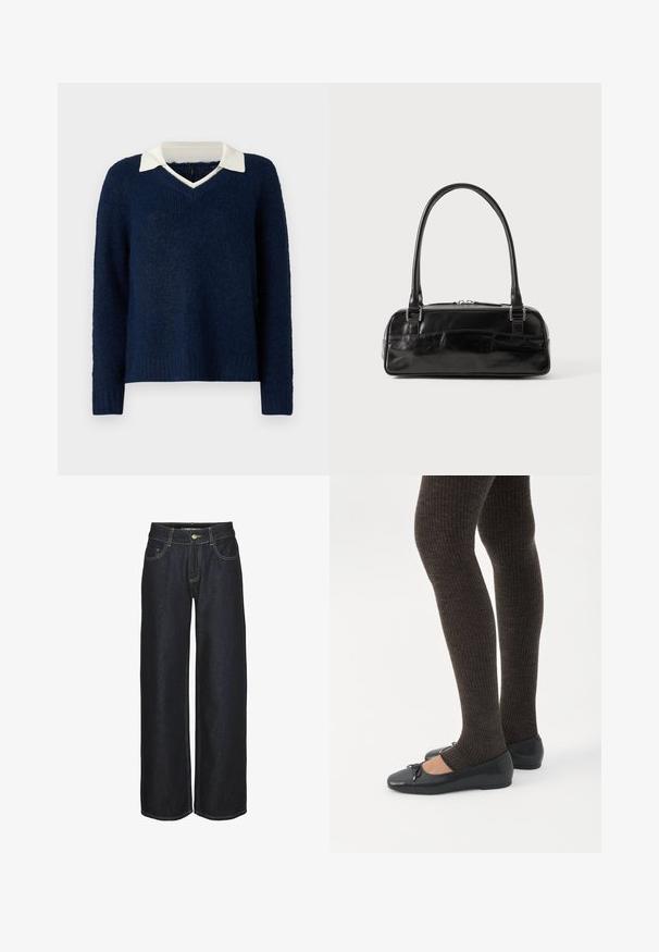 Mørkeblå sweater med en tekstureret overflade, V-hals og en kontrasterende hvid krave. Har lange ærmer og en afslappet pasform.; Mørkeblå lige ben jeans med frontlommer, bæltestropper og gule kontrastsyninger, vist på en hvid baggrund.; Ben iført mørke ribbede leggings kombineret med sorte balletsko med små sløjfedetaljer på hvid baggrund.; Sort læderhåndtaske med rektangulær form, der har et enkelt struktureret håndtag, sølvhardware og lynlås-lukning. Glat tekstur.