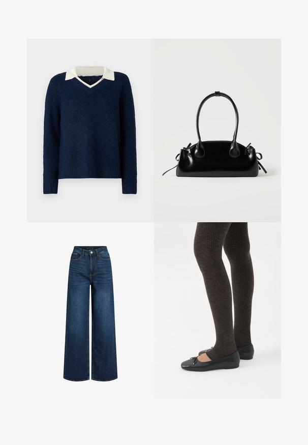 Mørkeblå sweater med en tekstureret overflade, V-hals og en kontrasterende hvid krave. Har lange ærmer og en afslappet pasform.; Bredde ben jeans lavet af mørkeblå denim med høj talje, med lynlåsgylpter, forlommer og synlige sømdetaljer.; Ben iført mørke ribbede leggings kombineret med sorte balletsko med små sløjfedetaljer på hvid baggrund.; Lille sort blank håndtaske med to lange håndtag og snøre-detaljer i siden på en ensfarvet lys baggrund.