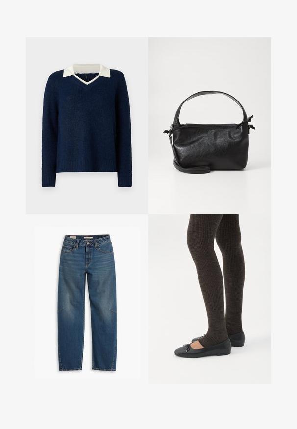 Mørkeblå sweater med en tekstureret overflade, V-hals og en kontrasterende hvid krave. Har lange ærmer og en afslappet pasform.; Blå denim jeans med en afslappet pasform, der har høj talje, lige ben, synligt syning og en lille detalje på venstre knæ.; Ben iført mørke ribbede leggings kombineret med sorte balletsko med små sløjfedetaljer på hvid baggrund.; Sort læderhåndtaske med et struktureret design, rund tophåndtag og aftagelig skulderrem. Den har en glat tekstur og en subtil glans.