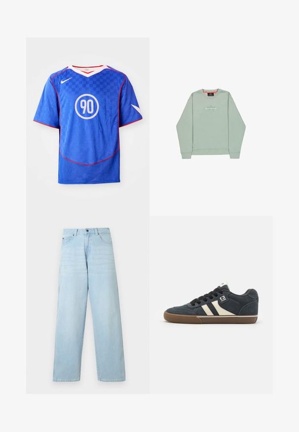 Groene sweatshirt met een ronde hals, ribgebreide manchetten en onderkant, en een subtiele grafische print op de borst. Zachte katoen materiaal.; Blauw Nike voetbalshirt met een geruit patroon, korte mouwen, v-hals ontwerp, witte accenten en een centrale ronde '90'-grafiek.; Lichtblauwe denim jeans met een hoge taille, wijde pijpen, subtiele vervaging, vijf zakken en knoopsluiting, met een rechte snit en zoom.; Donkerblauwe suède sneaker met crèmekleurige stripes, zwarte veters en een bruine rubberen zool. Heeft een gevoerde kraag en een logo op de zijkant.