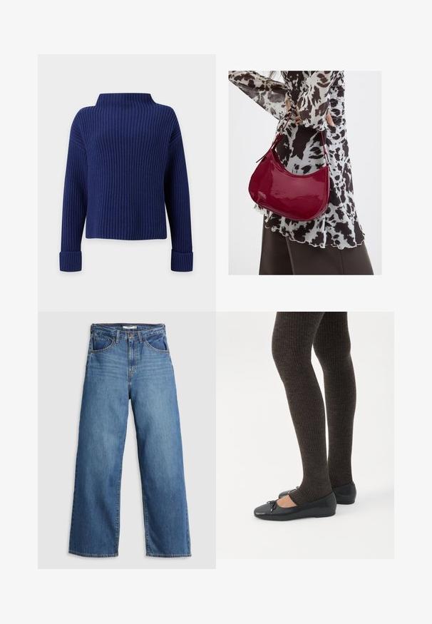 Jersey de punto acanalado azul marino con mangas largas, puños doblados y cuello corto tipo mock neck sobre un fondo liso.; Jeans de mezclilla azul de pierna ancha con cintura alta, que cuentan con cinco bolsillos, costuras en contraste y cierre de cremallera.; Piernas con leggings oscuros acanalados combinados con bailarinas negras que presentan pequeños detalles de lazo sobre un fondo blanco.; Mujer con blusa de estampado en blanco y negro sosteniendo un bolso de hombro rojo brillante sobre un fondo liso.