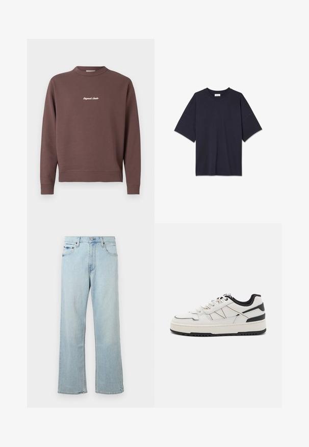 Brauner Pullover mit Rundhalsausschnitt, geripptem Saum und Bündchen. Verziert mit weißem, gesticktem Text "Original Studio" auf der Brust. Baumwollmischung.; Navyblaues, übergroßes T-Shirt aus Baumwolle, mit kurzen Ärmeln und runder Ausschnittrundung, einem glatten Stoff und minimalen Designdetails.; Hellblaue Denim-Jeans mit einem lockeren, weit geschnittenen Design. Verfügt über fünf Taschen, Gürtelschlaufen und einen Reißverschluss mit Knopfverschluss.; Weiße Leder-Sneaker mit schwarzem Fersenakzent, strukturiertem Profil und gesteppten Details. Sie verfügen über eine Schnürung vorne und seitliche Streifen.