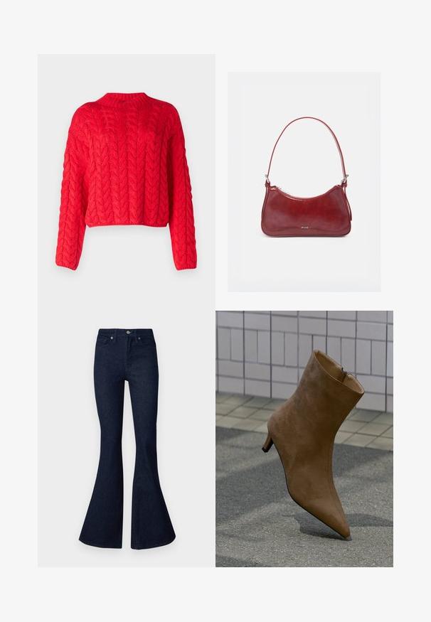 Pull rouge en tricot torsadé avec un col haut, des manches longues et un ourlet court. Texture épaisse avec des motifs en relief entrelacés partout.; Good American ALWAYS FIT GOOD - Jean bootcut - indigo; Bottine en daim marron avec un bout pointu, fermeture éclair et talon stiletto bas, présentée sur un fond texturé.; Petit sac à main brillant rouge foncé avec une seule bandoulière, fermeture éclair argentée et logo « RAID » au centre avant.