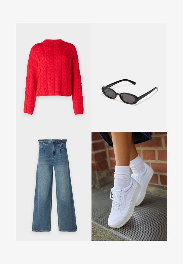 Rød kabelstrikket sweater med høj hals, lange ærmer og cropped kant. Tyk tekstur med hævede, sammenflettede mønstre overalt.; Bredde ben denim jeans i lys blå. Har høj talje, bæltestropper, plisseret front og klassisk fem-lomme design. Slidt tekstur.; Hvide lærreds sneakers med gummisåler, der har seks snørehuller, rund tå og let sømdetaljer, krydret med hvide ankelstrømper.; Even&Odd by Zalando Solbriller - black