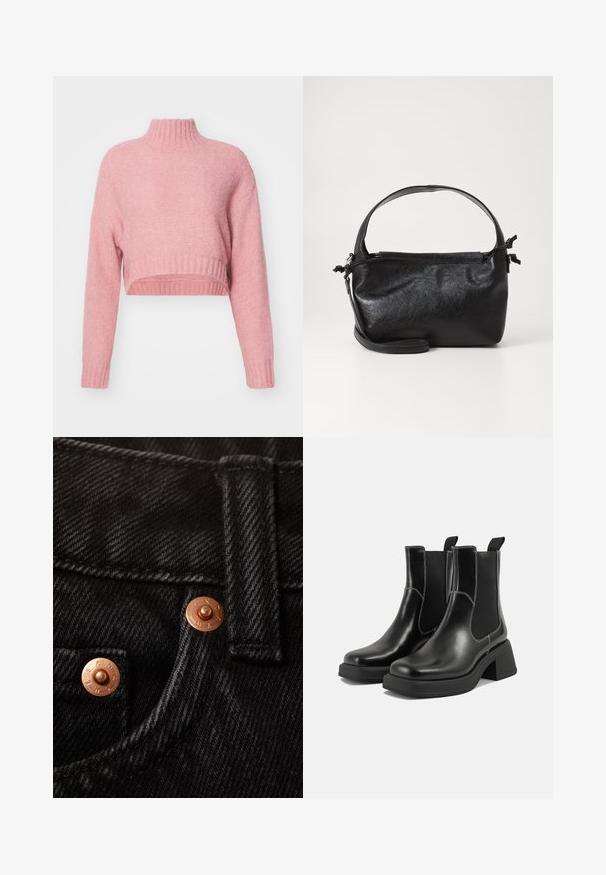 Aware VMMARS HIGH NECK CROPPED - Pullover - desert sand; Gros plan sur un tissu en denim noir avec un bouton en cuivre gravé, des coutures renforcées et une ceinture plate.; Bottes Chelsea en cuir noir avec un talon épais, des panneaux latéraux élastiques et des coutures blanches contrastantes. Fini texturé.; Sac à main en cuir noir au design structuré, avec une poignée arrondie et une bandoulière amovible. Présente une texture lisse et un éclat subtil.