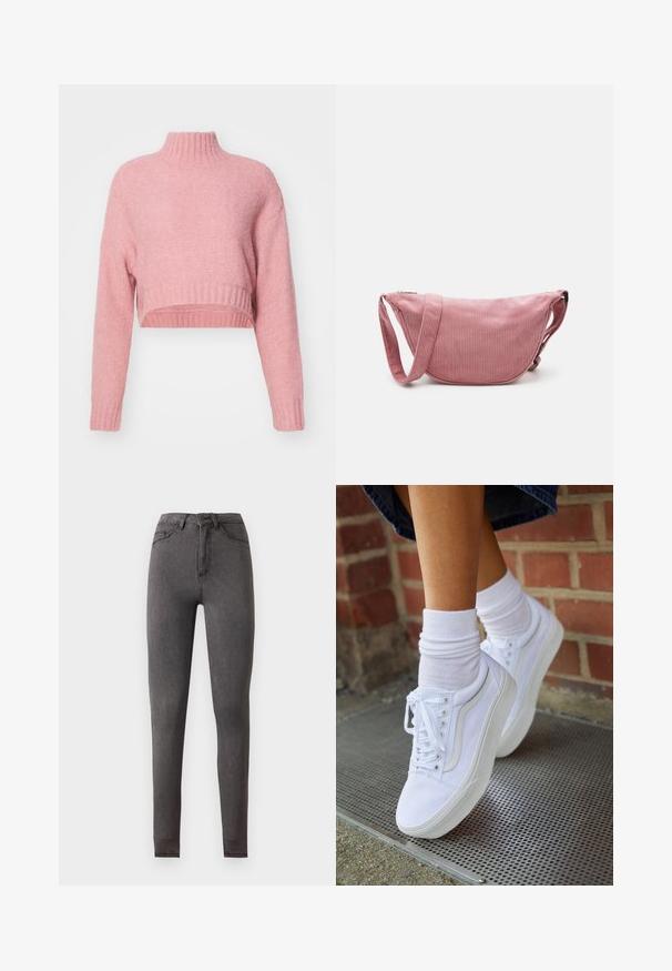 Aware VMMARS HIGH NECK CROPPED - Pullover - desert sand; Jean slim gris foncé taille haute en denim, avec poches devant et derrière, fermeture par boutons et détails de couture visibles.; Baskets en toile blanches avec semelles en caoutchouc, dotées de six œillets, d'un bout rond et de détails de couture légers, portées avec des chaussettes blanches mi-mollet.; Pieces PCAMANDA BUMBAG - Sac bandoulière - ash rose