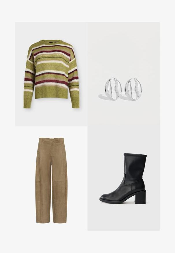 Green knit sweater with horizontal stripes in white, burgundy, beige, and black, long sleeves, and a crew neckline.; Beige high-waist wide-leg pants with subtle crocodile texture, belt loops, front zipper, and button closure.; Black leather ankle boot with a rounded toe, smooth texture, and a chunky heel, featuring a fitted shaft and subtle stitching detail.; Pair of shiny silver hoop earrings with a twisted, wavy design, displayed on a plain light background.