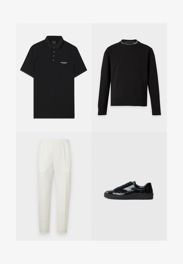 Schwarzes Sweatshirt mit langen Ärmeln und Rundhalsausschnitt, dezent weiße Paspel und kleiner weißer Schrift am Halsausschnitt vor einfachem Hintergrund.; Schwarzes Poloshirt aus Baumwolle mit Standardkragen, Dreiknopf-Leiste und kleinem weißen "Armani Exchange"-Logo auf der linken Seite.; Weiße Slim-Fit-Hosen mit elastischem Bund, zwei Seitentaschen und einer glatten, leicht glänzenden Oberfläche.; Schwarze Lackledersneaker mit runder Zehenform, Schnürdesign, strukturiertem Gummisohle und glatter Oberfläche.
