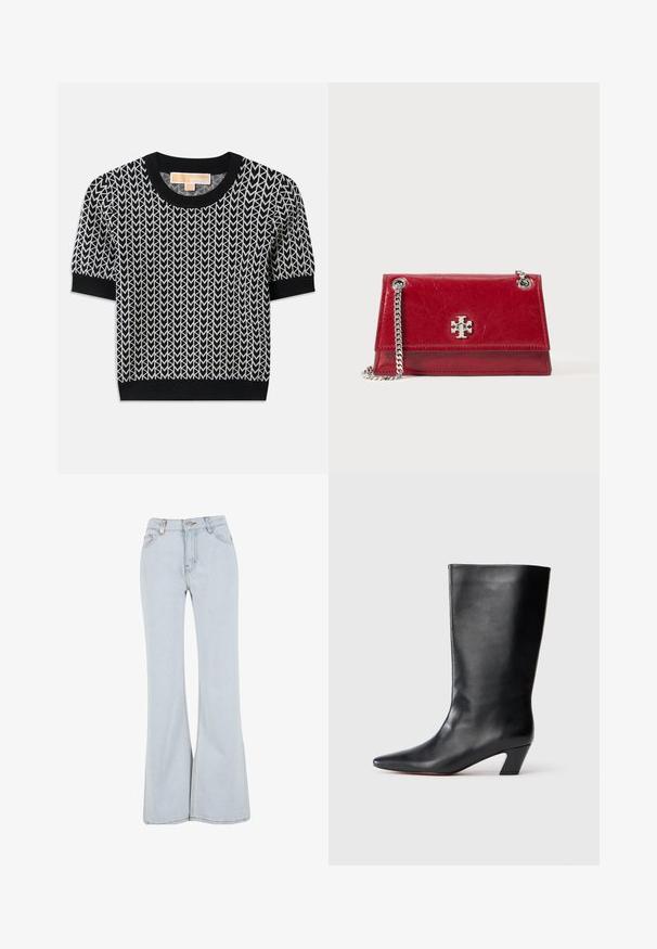 Sort kortærmet sweater med et vævet pilmønster i hvidt. Ribbet hals og manchetter, med en tætsiddende form og blød tekstur.; Lyseblå udsvingende jeans lavet af denim med høj talje, fem lommer og kontrasterende syninger langs sømmene.; Knæhøje sorte læderstøvler med spidse tæer, vinklede blokhæle og glat overflade. Minimalistisk design uden synlige dekorationer.; Rød læder crossbody taske med en sølv kædetras og sølv logoemblemet på forsiden af klappen, sat mod en hvid baggrund.