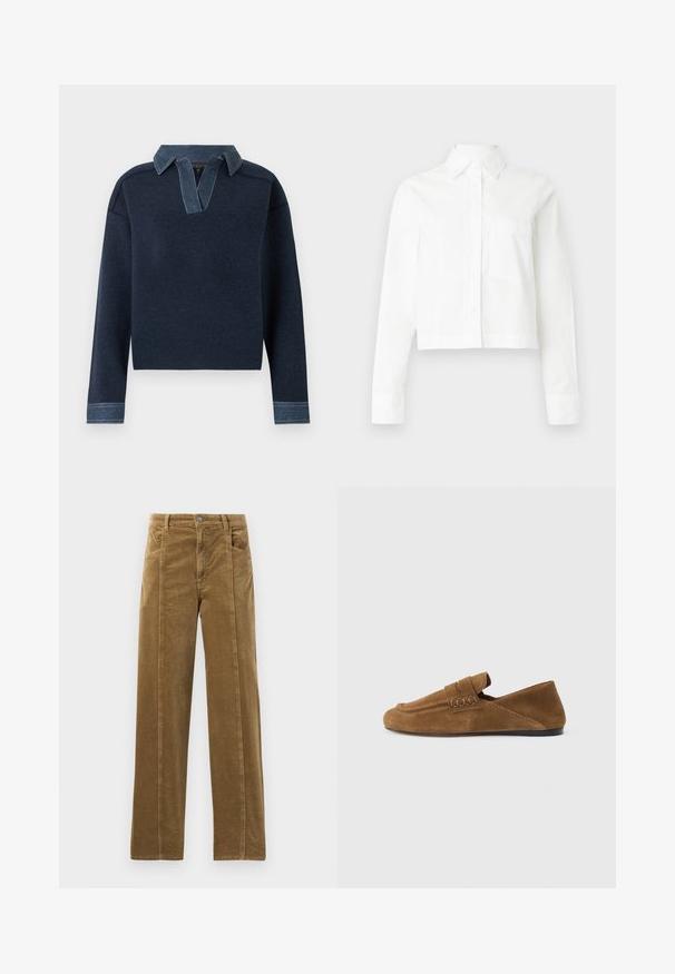 Tumehall pikkade varrukatega kampsun, millel on kontrastne teksakaelus ja mansetid, soonikkoes alumine äär ning V-kujuline avatud kaelus.; Valge lühikese lõikega nööbitav särk, valmistatud sileda puuvillase kangaga, millel on pikad varrukad ja üks rindtasku, klassikalise krae disainiga.; Pruunid kääksed püksid otse jalaga disainiga, esipocketite ja nähtava õmbelise õmblusega. Tekstuuriga kangas kitsaste ribadega.; Pruun seemisnahast king, millel on lame must tallakihiga, detailne õmblus ja üleval rihm, näidatud küljelt heleda halli tausta vastu.