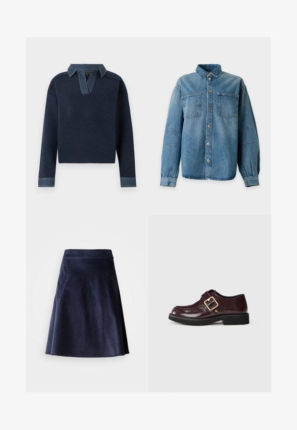 Donkerblauwe trui met lange mouwen, contrasterende denimkraag en manchetten, geribbelde zoom en een V-vormige open halslijn.; Blauw denim overhemd met lange mouwen, knoopsluiting aan de voorkant, twee borstzakken, kraag en naaddetails op mouwen en manchetten.; Marine corduroy rok met een uitlopende vorm, voorzien van een diagonale ribstructuur en twee zijzakken. Kortere zoom met een rafelige rand.; Bordeaux leren instapper met grote gouden gesp, zwarte zool en gestikte details op een effen witte achtergrond.