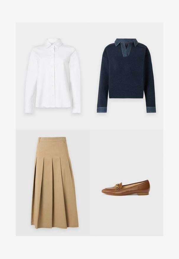Suéter de manga larga en azul marino oscuro con cuello y puños de mezclilla en contraste, dobladillo acanalado y escote abierto en forma de V.; CLOSED CLASSIC SHIRT WITH STRAP DETAIL - Blusa - white; Falda midi plisada beige con trabillas para cinturón, cintura alta y costuras estructuradas, mostrada sobre un fondo blanco liso.; Zapatos planos de cuero marrón con punta puntiaguda, una correa decorativa con hebilla dorada y un tacón bajo. Textura suave con un brillo sutil.