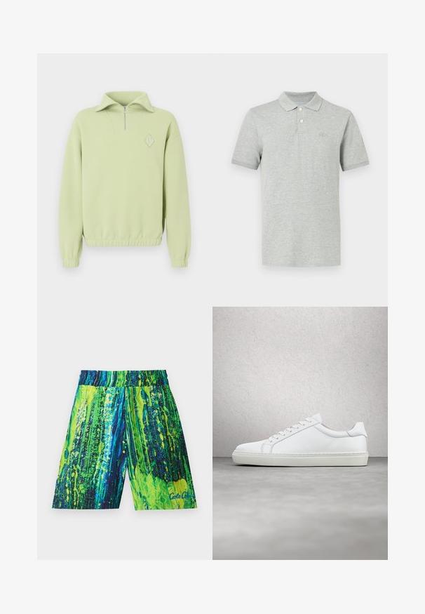 Sweatshirt vert clair avec un col zippé à mi-hauteur, texture côtelée, taille élastique et un logo en forme de diamant sur la poitrine.; Polo à manches courtes gris clair avec deux boutons blancs et un logo discrètement embossé sur le côté gauche de la poitrine.; Shorts de bain pour hommes en vert vif et bleu, avec un motif éclaboussé, taille élastique et longueur mi-cuisse. Fabriqués en tissu léger.; Sneaker blanche avec une tige en cuir lisse et un profil bas. Présente un bout arrondi, six œillets et une semelle en caoutchouc texturé.