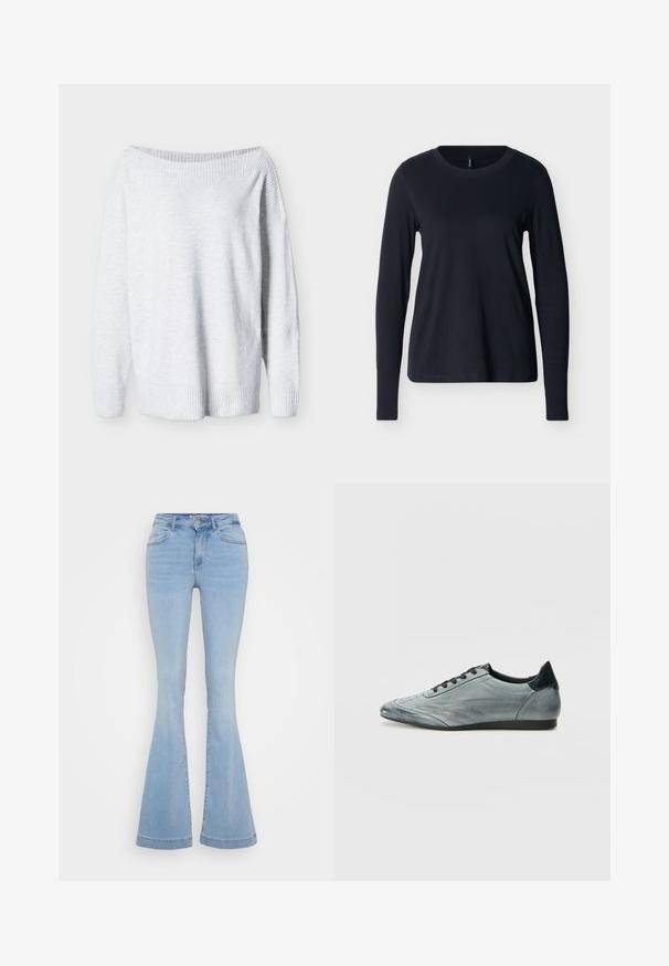 Suéter de punto gris claro con un amplio cuello barco, mangas largas y puños y bajo acanalados.; Camiseta negra de manga larga con cuello redondo, colocada plana sobre un fondo blanco, mostrando la vista frontal con un diseño limpio y sencillo.; Jeans acampanados de color azul claro hechos de denim, con una cintura alta, cinco bolsillos y costuras en contraste a lo largo de las costuras.; Zapatilla de cuero gris claro con un diseño elegante, que presenta detalles cosidos, cordones negros y un acento en el talón oscuro. Suela de goma.