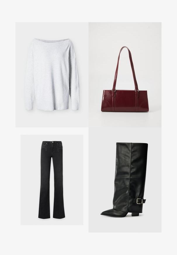 Hellgrauer Strickpullover mit weitem Bootsausschnitt, langen Ärmeln sowie gerippten Bündchen und Saum.; Schwarze High-Waist-Jeans mit leicht ausgestelltem Bein, vorderer Knopf- und Reißverschluss, vordere Taschen mit dezentem weißen Steppdetail.; Schwarze Lederstiefeletten in Knöchellänge mit spitzem Zehenbereich, glatter Oberfläche und silberner Schnallenakzent an der Seite. Massiver, quadratischer Absatz.; Burgunderfarbene Handtasche aus glänzendem Material, rechteckige Form, mit zwei Schulterriemen und subtilen, geschwungenen Akzenten an der Vorderseite.