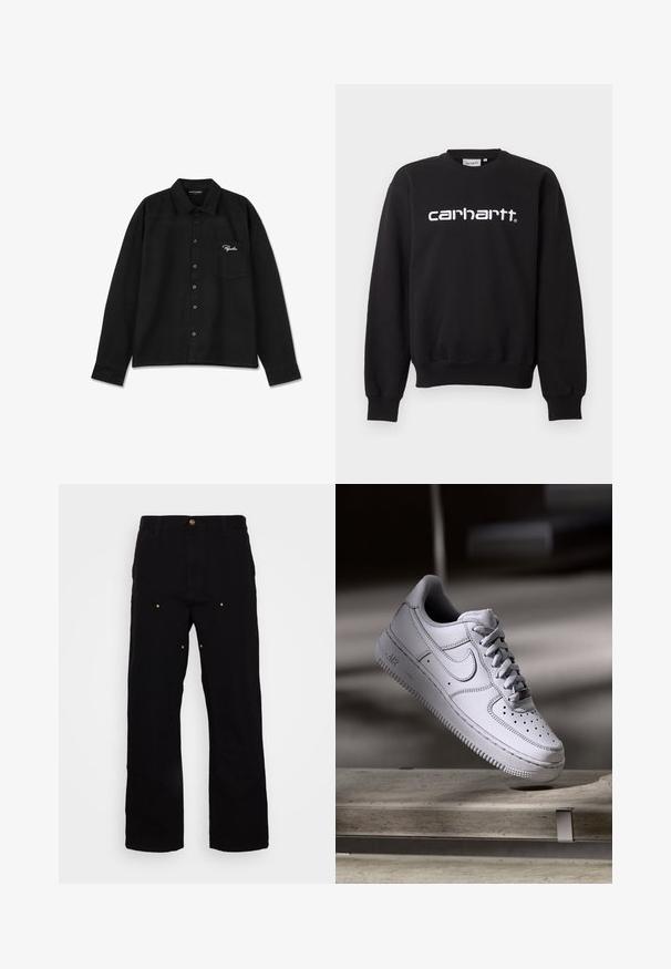 Čierna mikina s dlhým rukávom a okrúhlym výstrihom s bielym logom "carhartt" v strede na hrudi, s rebrovanými manžetami a lemom.; Čierna košeľa s dlhým rukávom vyrobená z tkaniny, s golierom, zapínaním na gombíky, jedným vreckom na hrudi a vyšitým logom v bielej farbe na vrecku.; Čierne džínsy s rovnými nohavicami, s prvkami zlatého kovania a viditeľným prešívaním na predných a zadných vreckách.; Biely kožený teniska Nike Air Force 1 má perforovanú špičku, ploché šnúrky a štruktúrovanú gumovú podrážku s nápisom „AIR“ na boku.