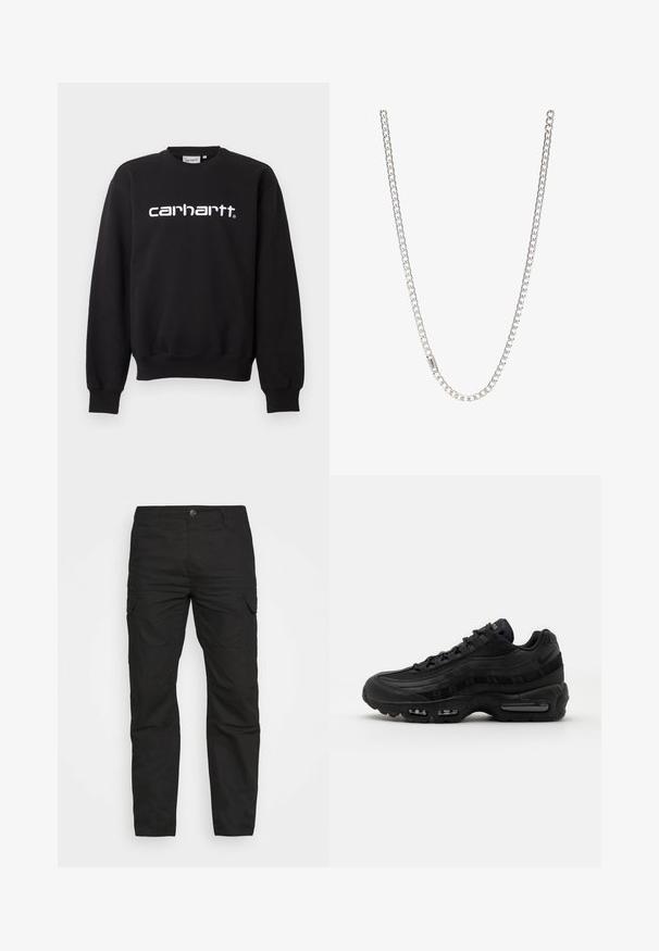 Schwarzes Sweatshirt mit langem Arm und Rundhalsausschnitt, weißes "carhartt"-Logo zentriert auf der Brust, mit gerippten Bündchen und Saum.; Schwarze Cargo-Hosen mit geradem Bein, mehreren Taschen und einem Knopfverschluss, aus strapazierfähigem Baumwollstoff gefertigt.; Nike Sportswear AIR MAX 95 ESSENTIAL - Sneaker low - black/dark grey; Silberne Kettenhalskette mit ineinandergreifenden Gliedern, glatter Textur und einheitlicher rechteckiger Form. Sicherer Verschluss.