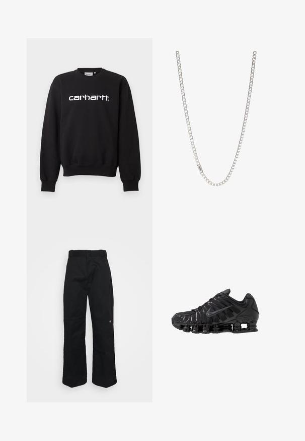 Sort langærmet crewneck-sweatshirt med hvid "carhartt"-logo centreret på brystet, med ribstrikkede manchetter og kant.; Sorte bukser lavet af robust stof, med lige ben, bæltestropper og en lille logo på den nederste side.; Sorte atletikskoser lavet af mesh og syntetiske materialer, med et karakteristisk bølget design, sort gummisål og reflekterende detaljer.; Sølv kædedesign med sammenkoblede led, glat tekstur og ensartet rektangulær form. Sikker lukning.