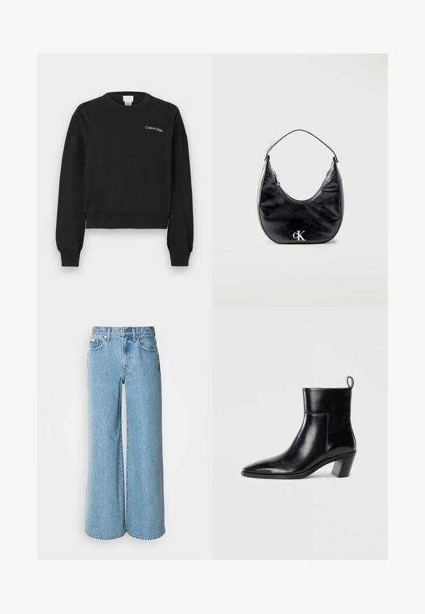 Sort sweatshirt lavet af blødt bomuld med ribbede manchetter, rund hals og broderet "Calvin Klein" logo på fronten. Kort design.; Lyseblå brede jeans lavet af denim, med høj talje, fem-lomme design og subtil falming langs stoffet.; Sort læder ankelstøvle med spids tå, geometrisk stablet hæl og en løftestrop bagpå. Glat tekstur og slankt design.; Sort lædertaske i halvmåneform med kort strop og sølvfarvet "cK"-logo foran, lynlåslukning i toppen.