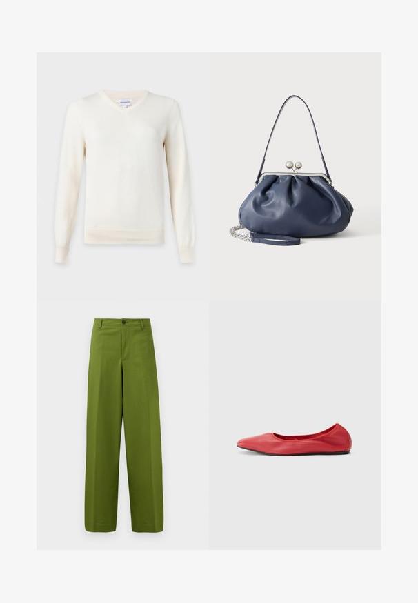 Jersey blanco de manga larga con cuello en V y puños y bajo acanalados, presentado sobre un fondo claro y liso.; Pantalones de pierna ancha verdes hechos de un tejido suave. Presentan un cierre frontal con un solo botón y un diseño frontal plano.; Filippa K REY FLATS - Bailarinas - bright red; Bolso de mano de cuero azul marino suave con cierre de broche plateado, una correa de hombro y correa de cadena desmontable para la muñeca sobre fondo blanco.