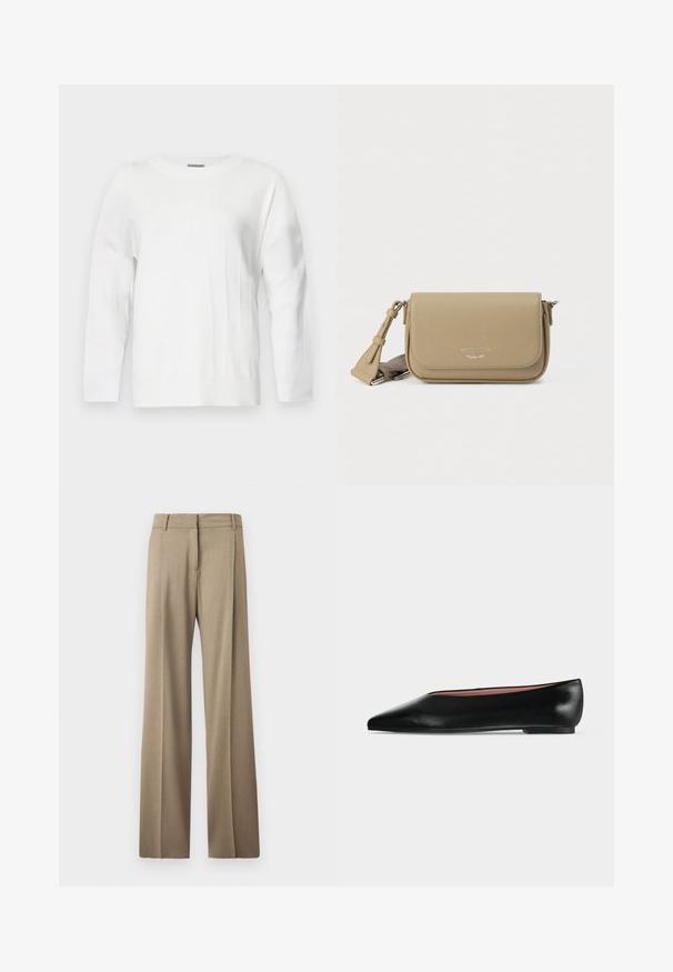 Suéter blanco de punto con escote redondo, manga larga y acentos de canalé. Presenta un sutil patrón texturizado en toda la tela.; Pantalones de pierna ancha en un tejido marrón claro. Presentan una textura suave, pliegues bien planchados y un diseño de cinturilla plana en la parte delantera.; Zapato plano negro de cuero para mujer con punta puntiaguda y tacón bajo, mostrado de lado sobre un fondo liso gris claro.; Bolso bandolera de cuero caqui con acabado texturizado, cierre con solapa, logotipo plateado y correa ajustable. Forma rectangular compacta.