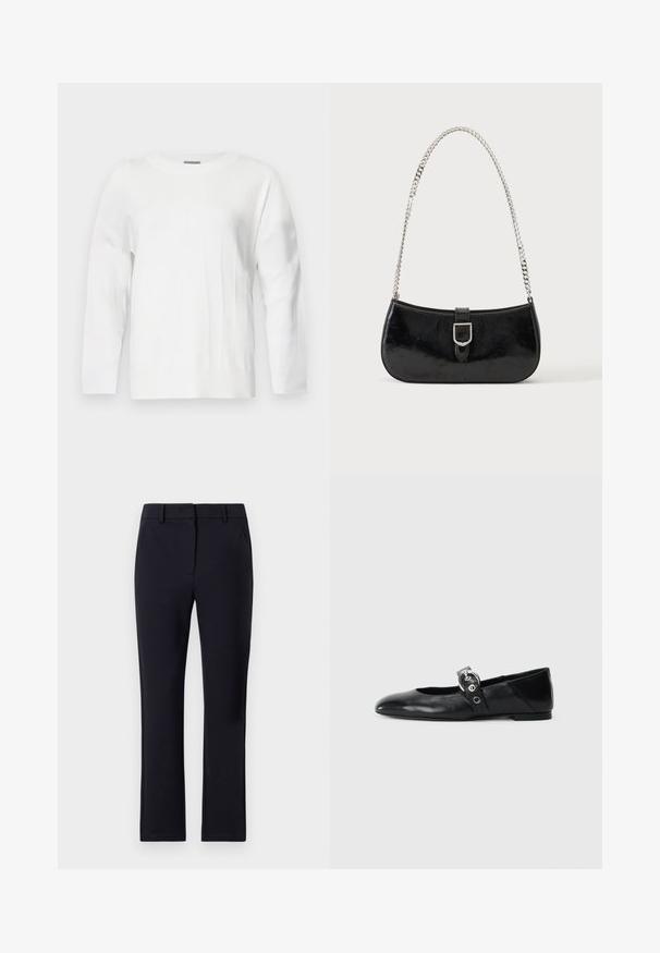 Suéter blanco de punto con escote redondo, manga larga y acentos de canalé. Presenta un sutil patrón texturizado en toda la tela.; Pantalones de corte sastre en color azul marino con frente plano, presillas para cinturón, dos bolsillos laterales y diseño de pierna recta. Fabricados con una tela suave.; Mocasines de ballet de cuero negro con punta afilada, que cuentan con una correa con un cinturón metálico circular y una suela plana.; Bolso de hombro de charol negro con detalle de hebilla plateada y correa de cadena plateada, presentado sobre un fondo liso y claro.