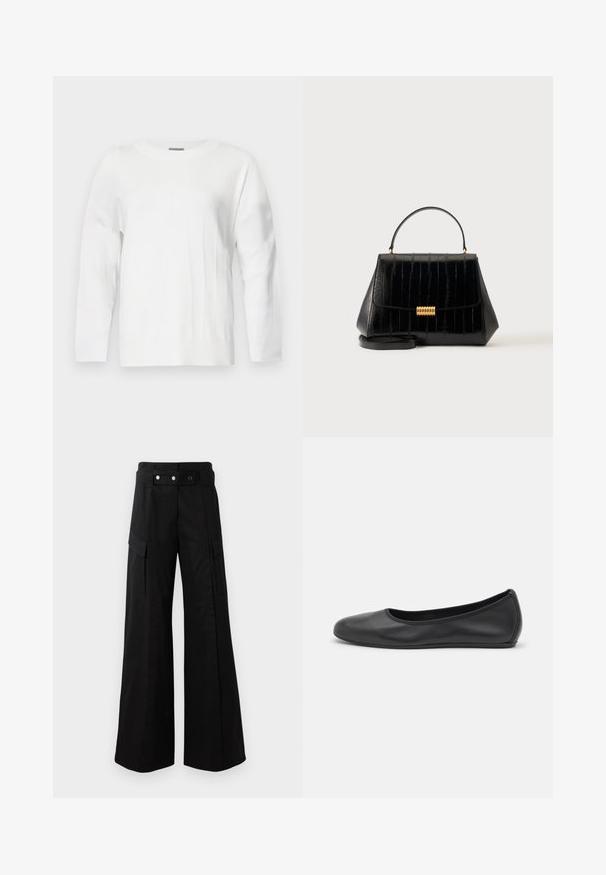 Hvid strikket sweater med rund halsudskæring, lange ærmer og ribbede detaljer. Har et subtilt tekstureret mønster over stoffet.; Sorte brede bukser med høj talje, som har store sidelommer, to forreste knapper og en løkke-detalje. Lavet af holdbart materiale.; Sort læderballetsko med rund tå, glat tekstur, minimal syning og et fleksibelt såldesign.; Sort lædertaske med top-håndtag, guldlås og aftagelig skulderrem på en ensfarvet lys baggrund.